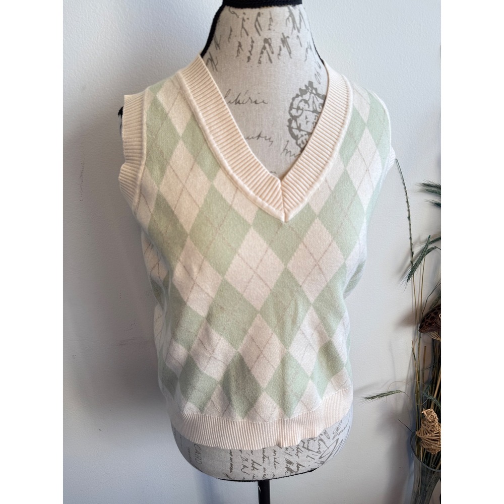 Princess Polly Argyle Sweater Vest Sage Green‎ Cream V-Neck Knit large
